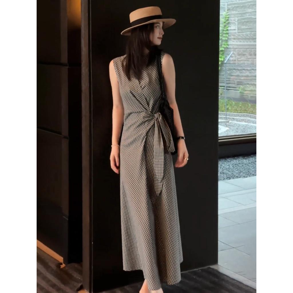 French Lace-up Waist Plaid Vest Dress Women's Summer New Models Are Popular Today, Black and Blue Skirts, Long Dresses