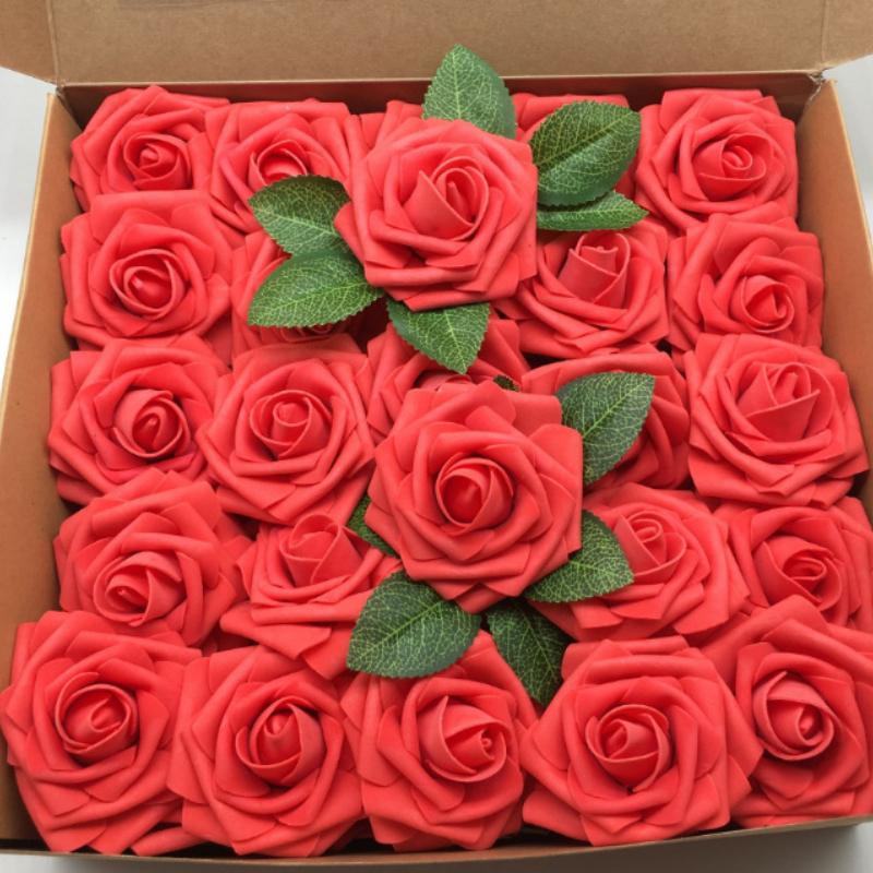 

25 шт. искусственных цветов, искусственные цветы розы со стеблем для свадебных букетов своими руками, центральных композиций, вечеринок, украшений для дома красный