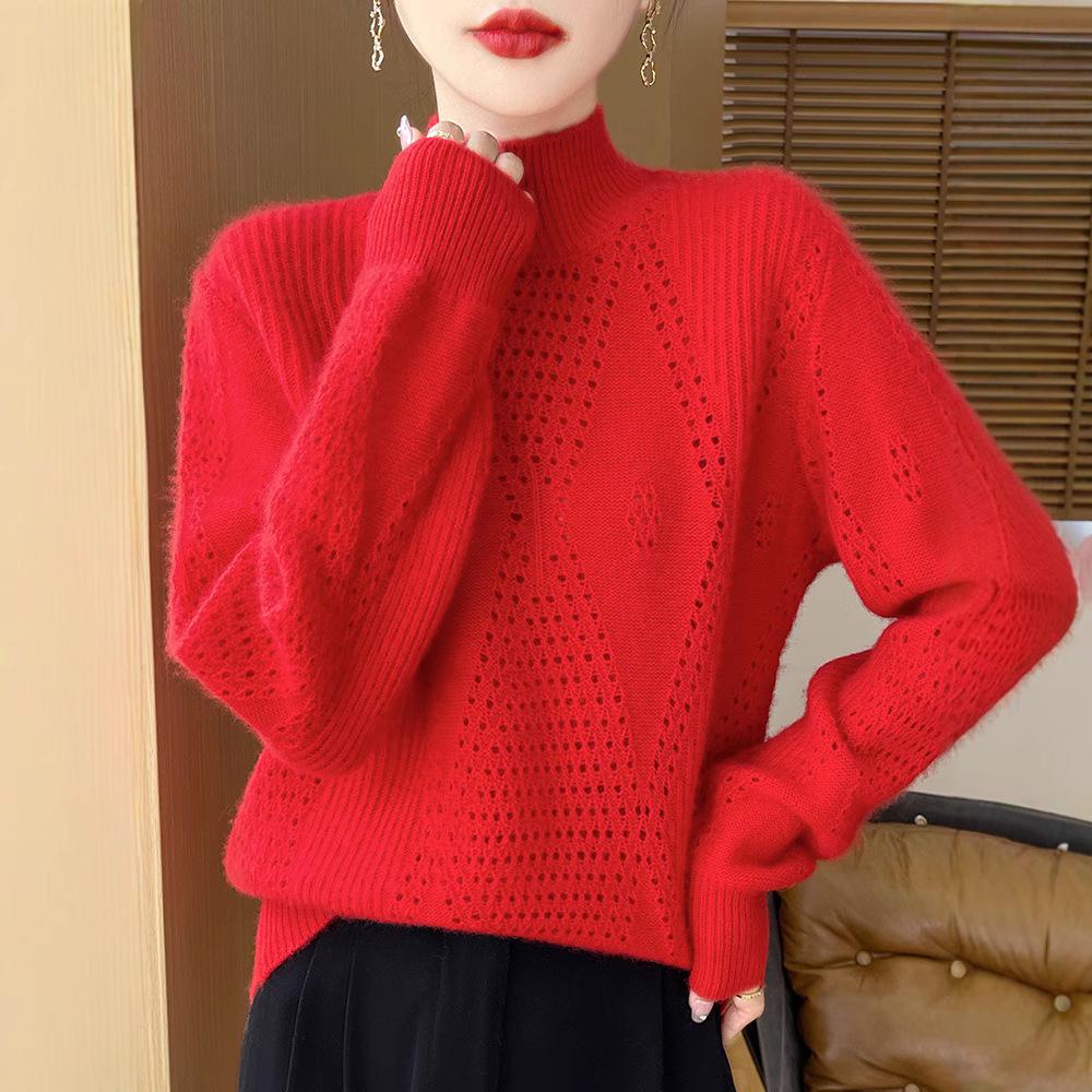 Women's Diamond Lace Wool Sweater - Autumn/Winter Solid Color Knit Top