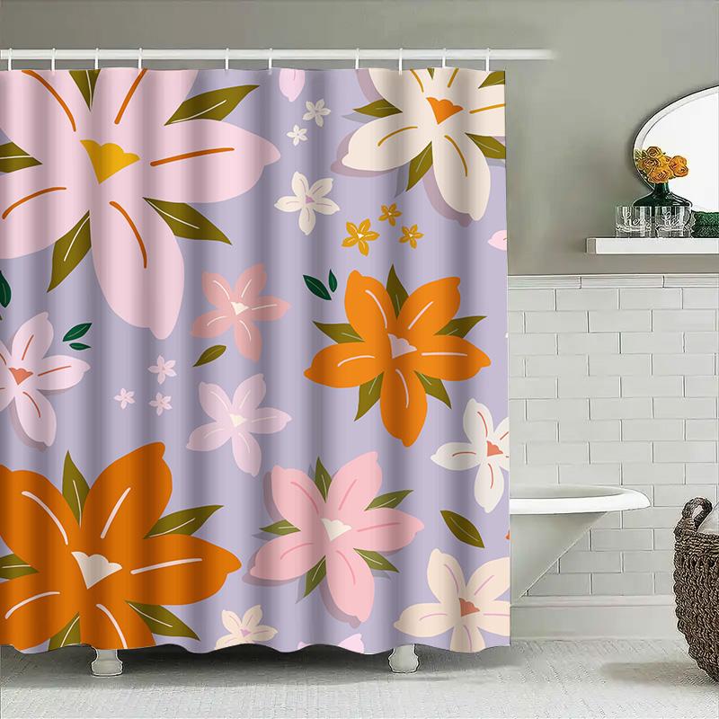 Pink Orange Floral Shower Curtain Lavender Bath Decor Set Modern Home Decoration Water-Resistant Fabric Perfect Gift For Her #13
