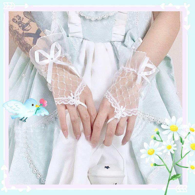 

Japan fashion Lolita Soft Girl Mori look Lace Hand Sleeve Cute JK Girl Gloves Lolita Bow Oversleeve Middle Finger-White One size