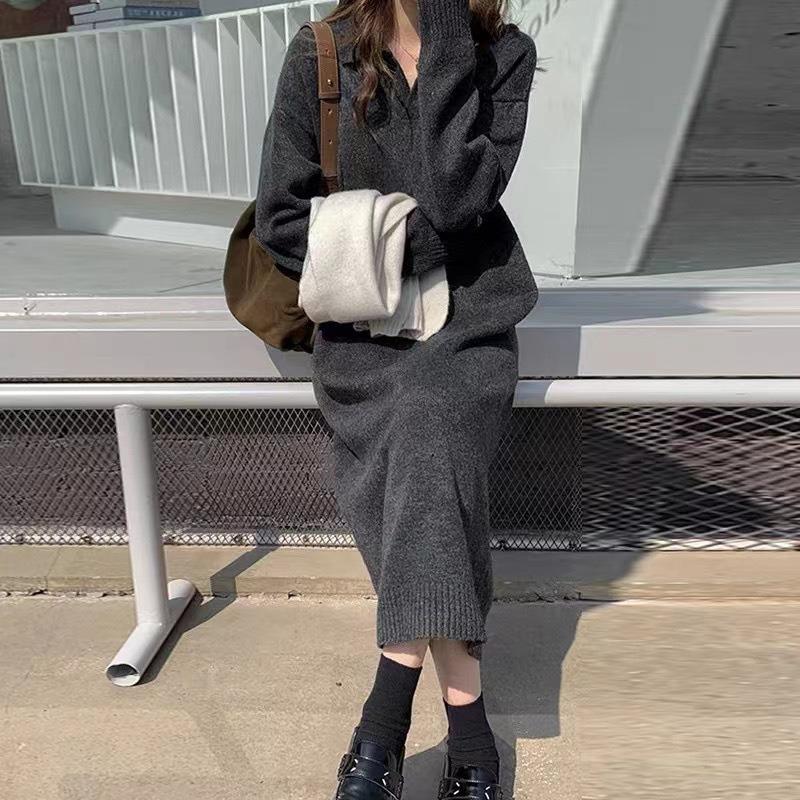 

Высококачественное белое вязаное платье с длинным рукавом для детских осенне-зимних новых моделей с маленькими длинными юбками внутри one size fits all темно-серого