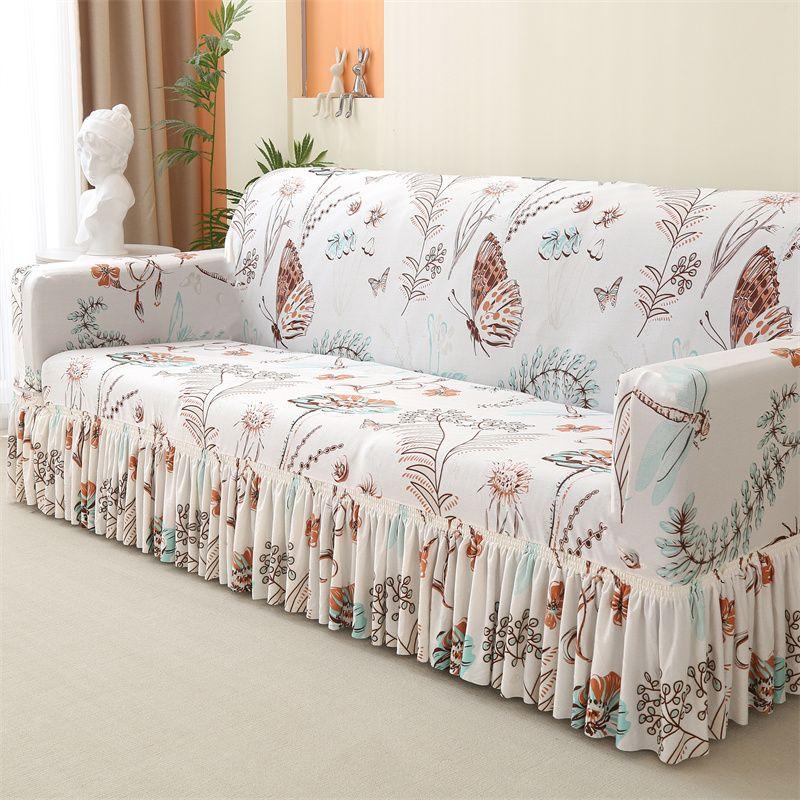 Geometric Elastic Sofa Cover with Skirt Fits Single To Four-Person Sofas Sofa Protection Cover|Elegant Home Accessory|Ruffled Edge Detail