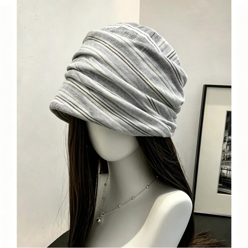 Japanese Yamamoto Style Pleated Striped Stack Hat Early Autumn Knitted Hat Street Fashionable Plain Face Small Pullover Hat