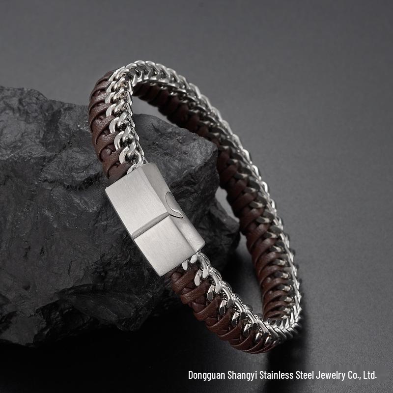 Men s Magnetic Buckle Leather Bracelet with Stainless Steel Chain
