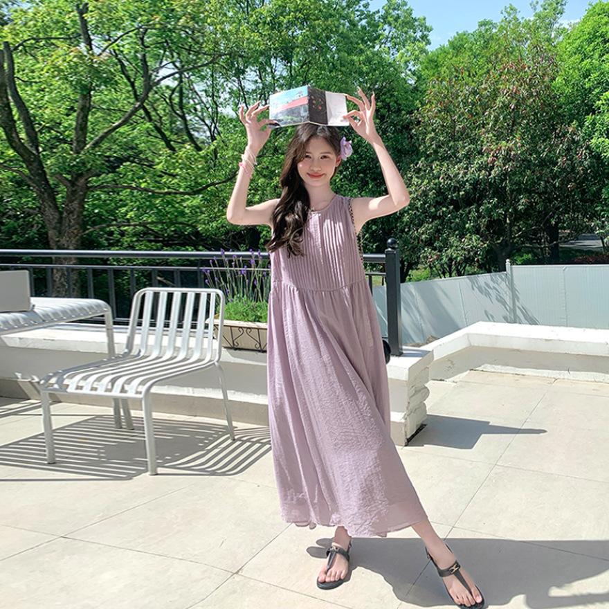 Purple Gentle Wind Loose Sleeveless Off-the-shoulder Vest Long Dress Women's Summer New Casual and Thin Temperament Sweet Dress
