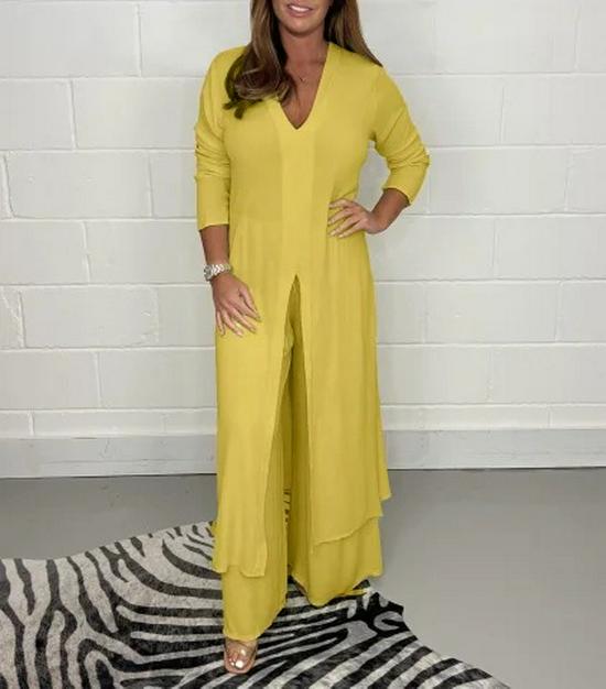 Women's V-Neck Long-Sleeve Slit Top with Wide-Leg Pants - Summer Solid Color Set