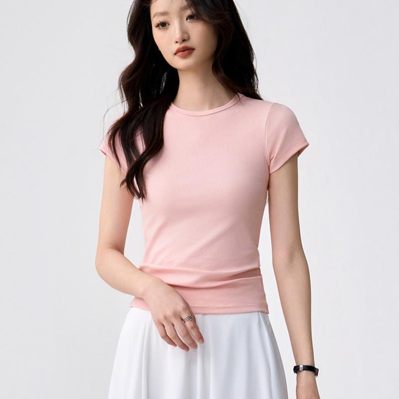 40 Combed Pure Cotton, Small Round Neck Bottoming Shirt T-shirt Women's Short-sleeved Summer New Simple and Versatile Slim and Thin Top