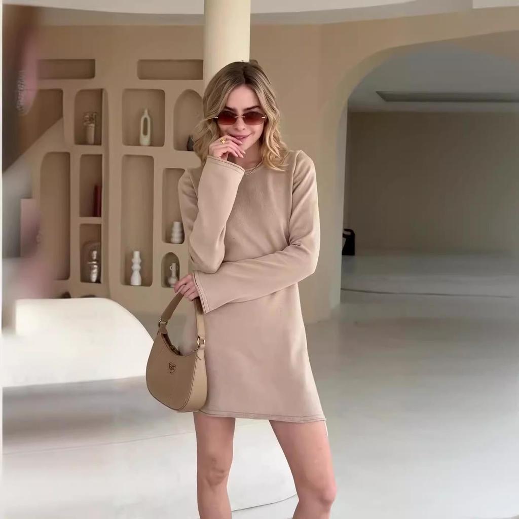 Herfst 2024 Dames Effen Kleur Ronde Hals Lange Mouwen Casual Jurk