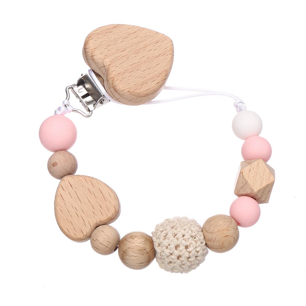 New Beech Wooden Baby Pacifier Chain Clip Heart Beads Silicone Beads Dummy Nipple Holder  for Newborn Teether Pendant Toys Gift