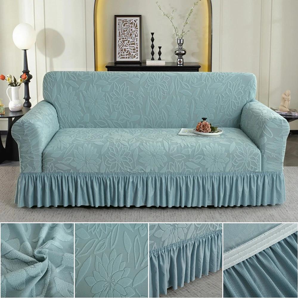 1Pc Luxury Jacquard Sofa Cover With Ruffle Non-Slip Dustproof For 1-4 Seater Sofa Machine Washable All-Season Home Decorations