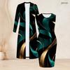 Women Plus Size Two Piece Set Black Blue Printed Long Sleeve Open Front Cardigan Sleeveless Bodycon Dress