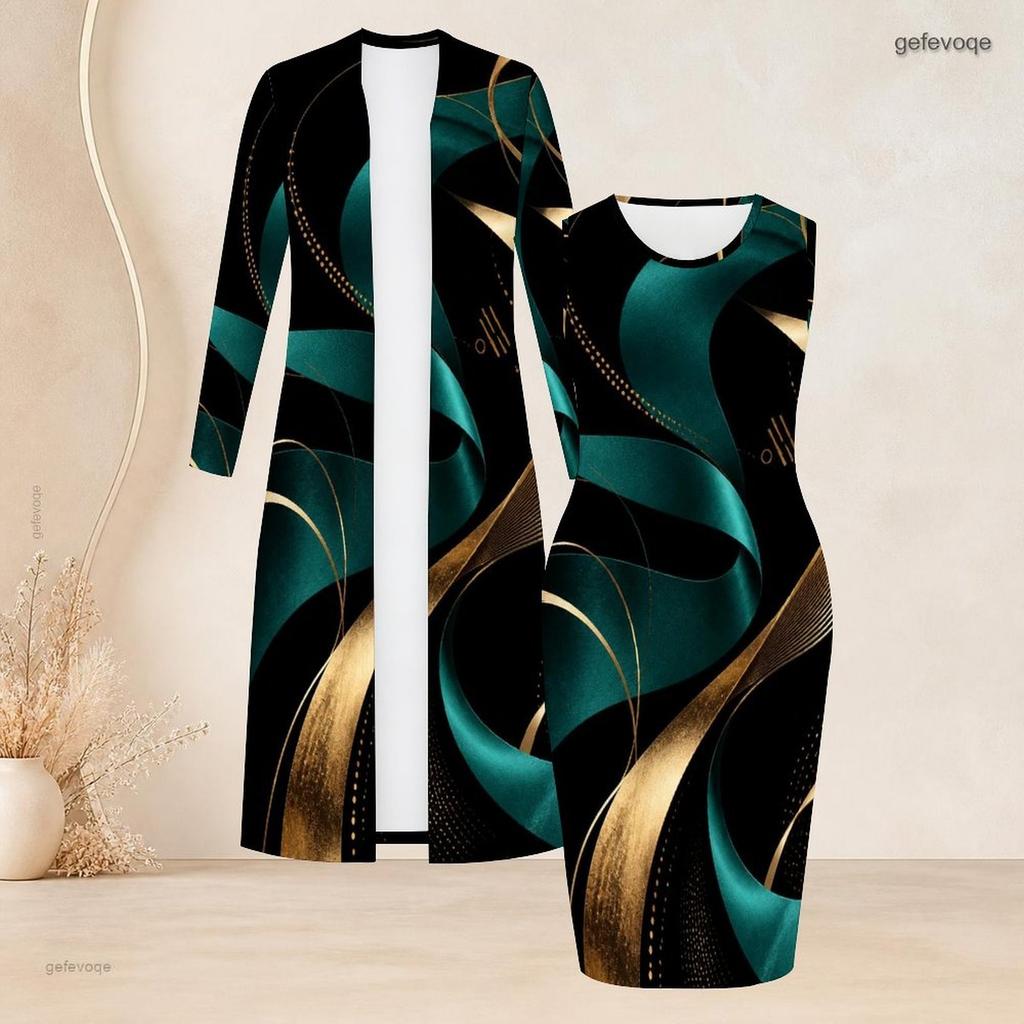 Women Plus Size Two Piece Set Black Blue Printed Long Sleeve Open Front Cardigan Sleeveless Bodycon Dress