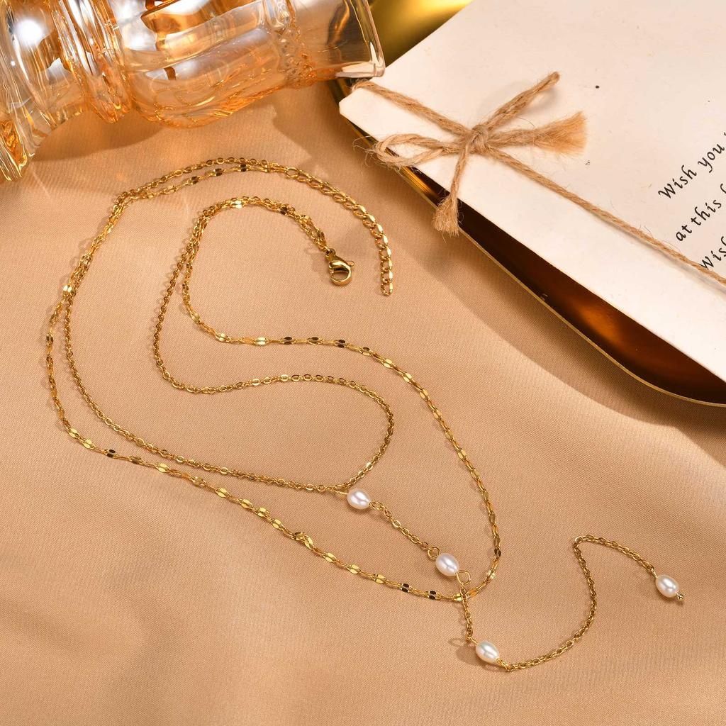 Exquisite Double Layer Imitation Pearl Y-shaped Tassel Necklace for Women Stainless Steel Fashion Choker Necklaces Jewelry Gifts