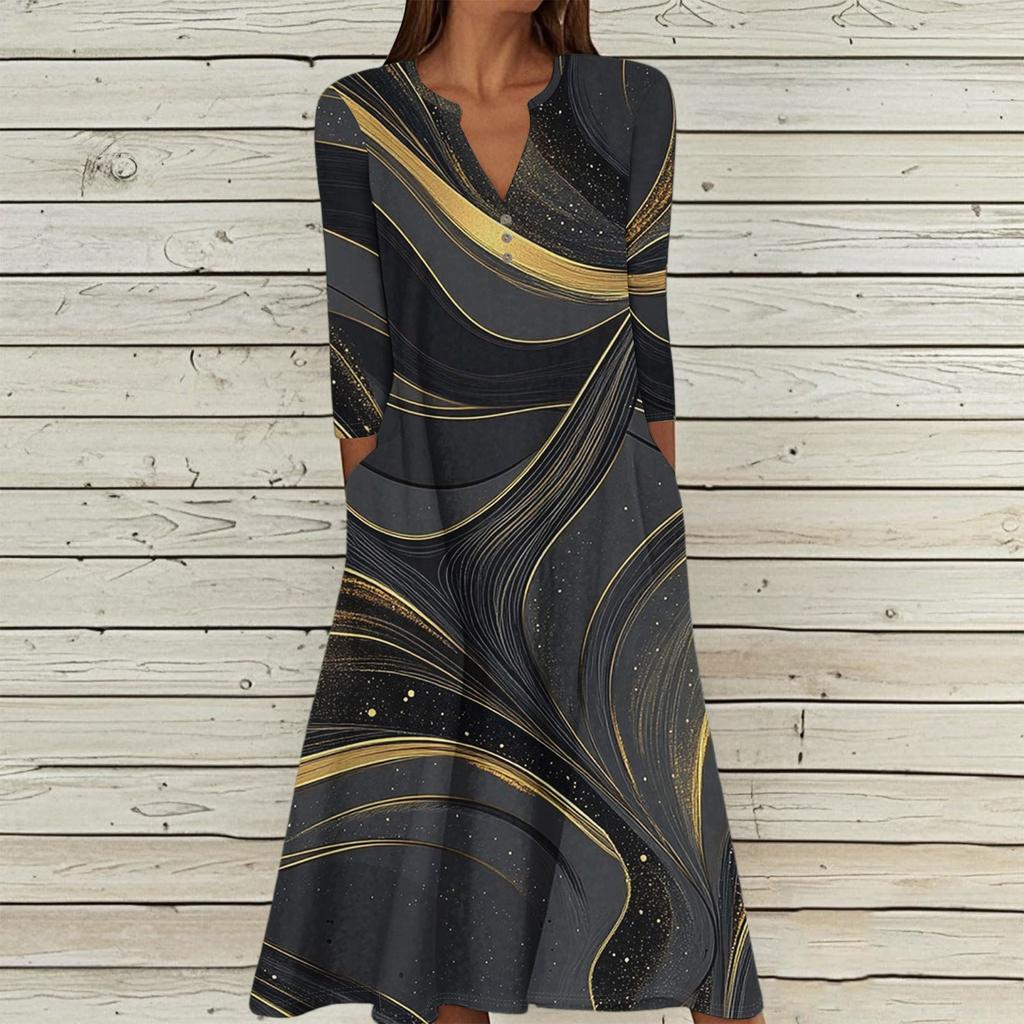 Women's Summer Casual V-Neck Button Vintage Floral Print Three-quarter Sleeve Long Dress With Pockets