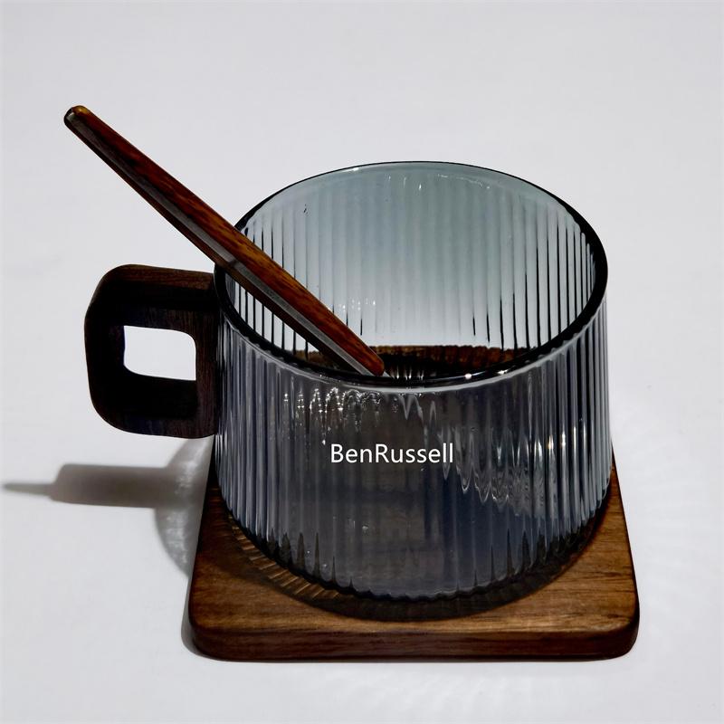300ml Hitzebeständiges Streifen Americano Latte Glas Kaffeetasse mit Holztablett Löffel Milch Tee Tasse Tasse für frisch gemahlenen Kaffee