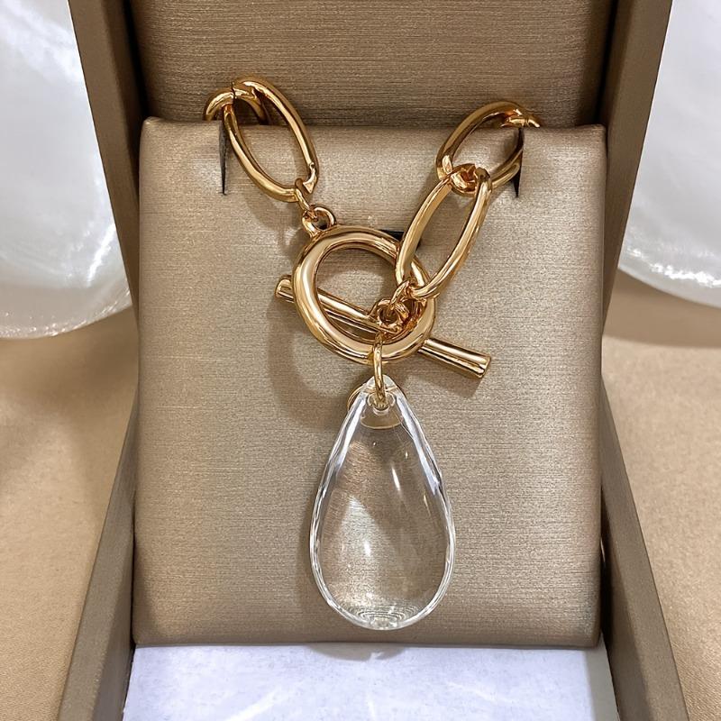 Elegant Retro Button Pendant Transparent Teardrop Shaped Pendant Necklace Suitable for Women's Daily Life and Parties