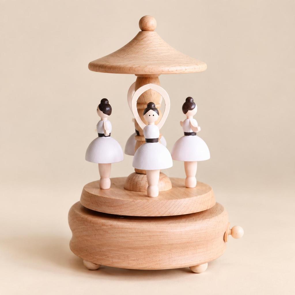 Beech Wood Mechanical Music Box Collectible Hand-Wind with Wooden Base