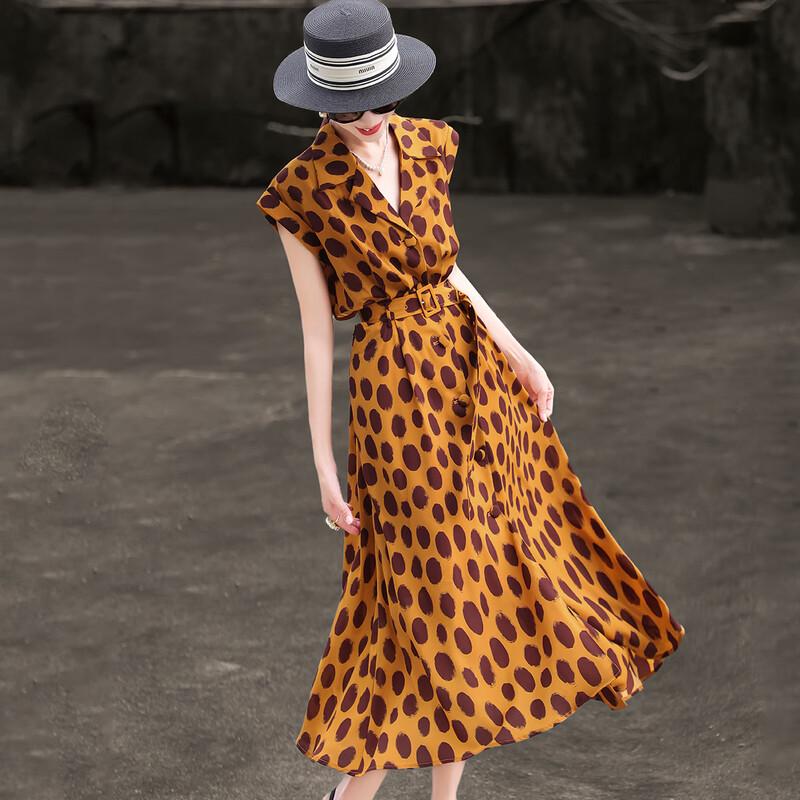 Lansere 2026 Summer Polka Dot Lapel Midi Dress M