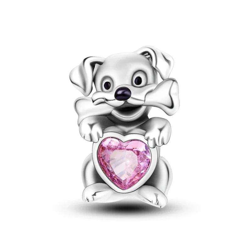 S925 Silver Cute Dog Charms Bead Keychain Animal Puppy Teddy Yorkshire Terrier Crab Paw Whale Rooster Snake Crocodile Jewelry