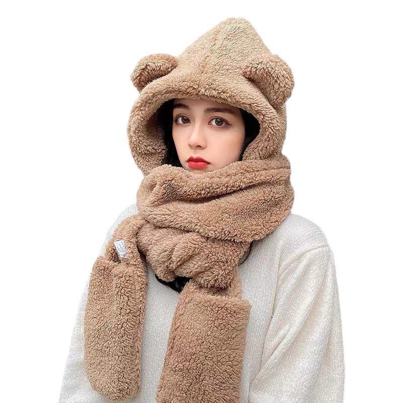 Cute Bear Ear Hat Scarf Gloves Set Thicken Women Beanies Caps Winter Warm Windproof Ear Protection Hat