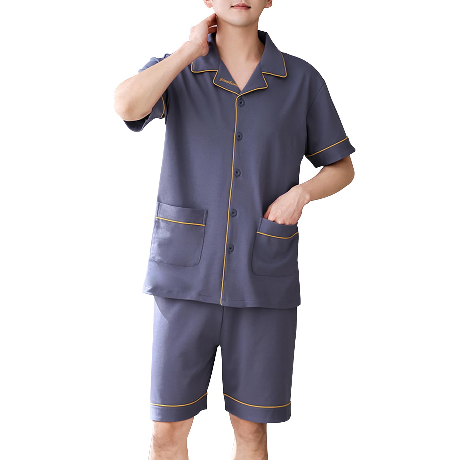 

PAFHL Short Top and Bottom Set with Plus Sizes Hospital Size L Men s Pajamas, 100% Cotton, Sleeves, Summer/Spring, Thin, Open-Front, Shorts,