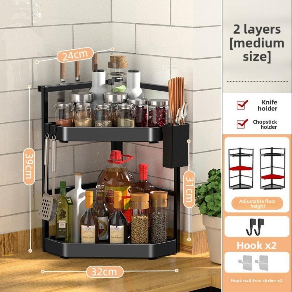 Household 2/3 Layer Condiments Rack Corner Stand with Hooks Seasoning Rack Carbon Steel Storage Rack Kitchen Organizer Supplies