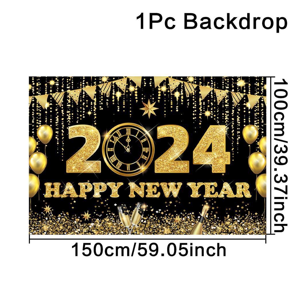 2024 New Year Party Backdrop Firework Clock Bokeh Champagne Photocall Celebrate Banner Boy Girl Adult Backgrounds Decoration