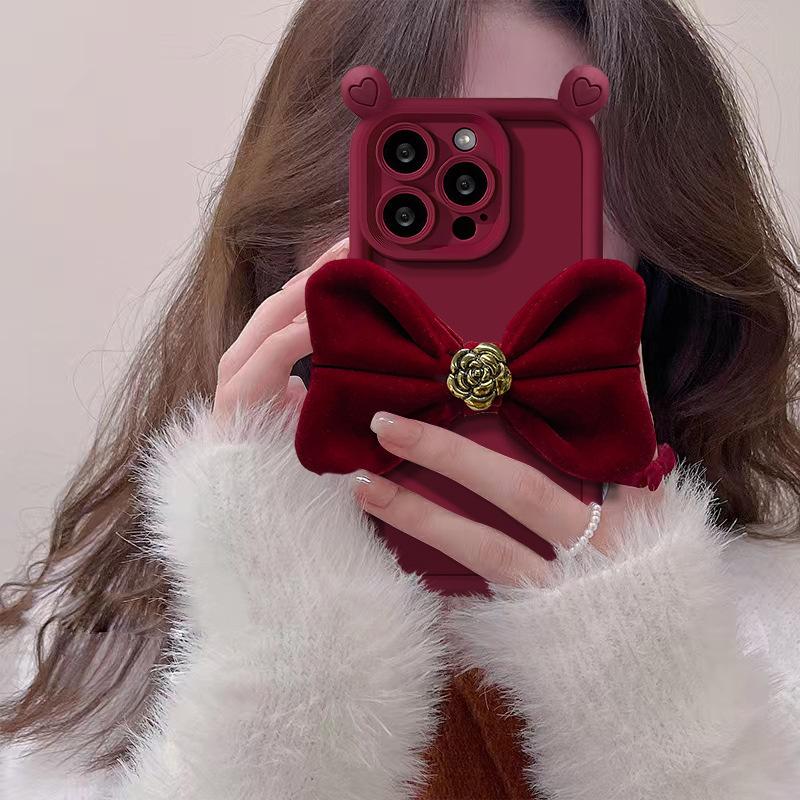 ins Korean style applies to Samsung S25ultra mobile phone case velvet bow A24 three-dimensional advanced sense A04E