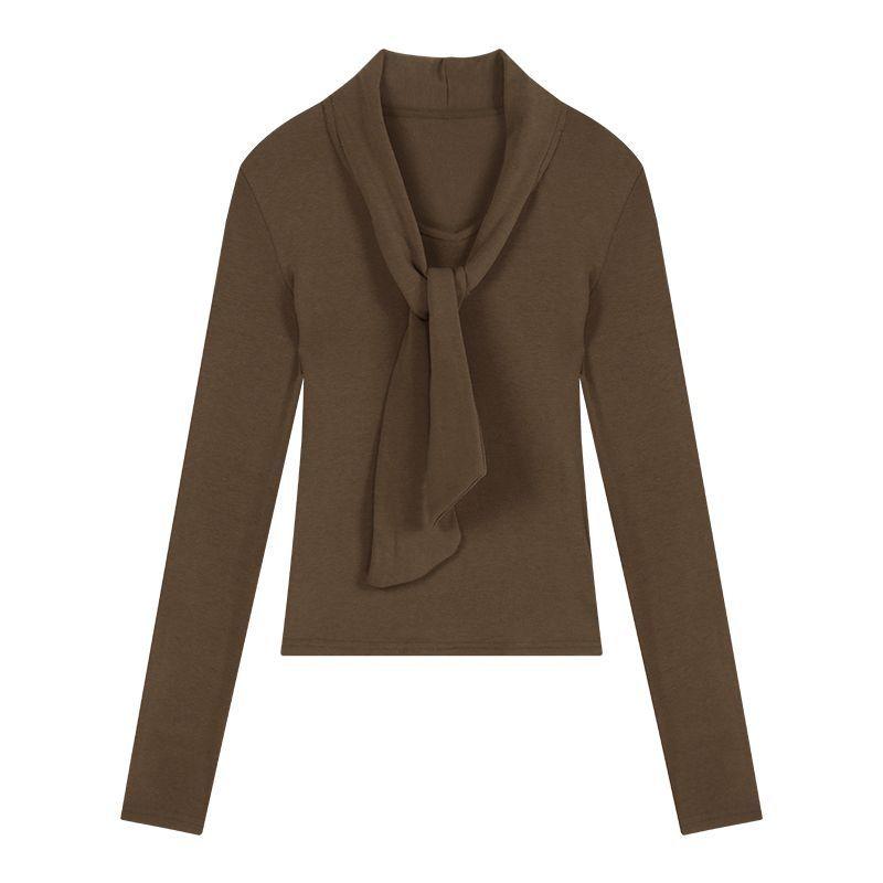 

Футболка Design Sense с длинным рукавом и шнуровкой, женская, весна и осень, новый стиль, немецкий бархат с узким низом, верхняя часть рубашки XL дубильная кора