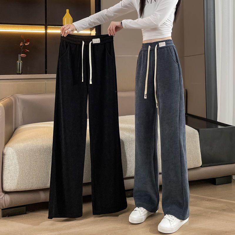 2025 New Fleece-Lined Thick Wide-Leg Straight Pants - Plus Size, Slimming, Casual Sportswear for Autumn/Winter