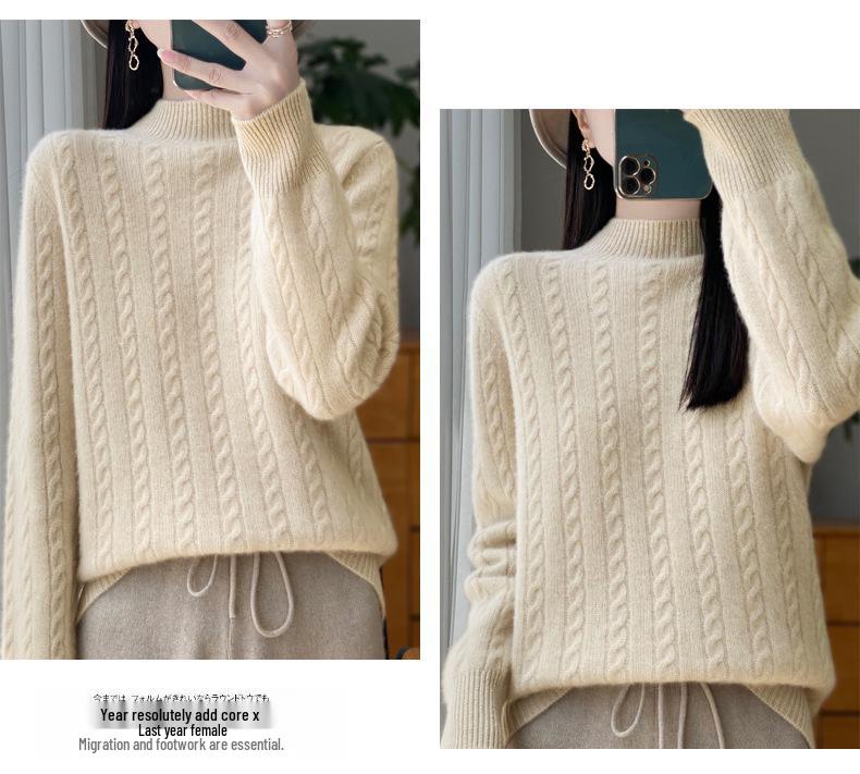 Women's Retro Cable Knit Wool Sweater - Ancola Red Long Sleeve, Half-High Neck, Autumn Winter Style