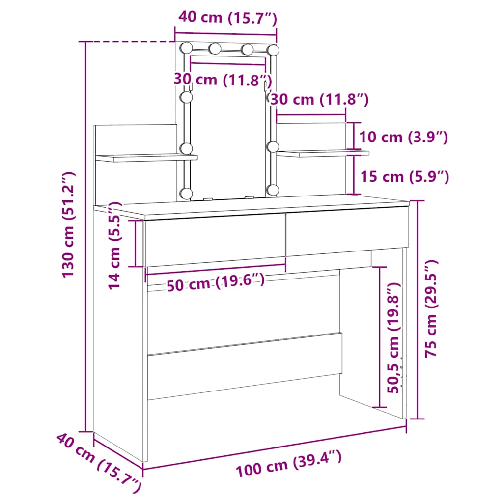 Makeup Vanity with LED Lighting Smoked Oak Finish 100 x 40 x 130 cm