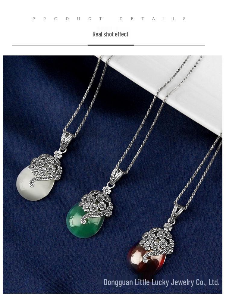 Jade Angel Vintage Women's Necklace Pendant with Chalcedony, Synthetic Garnet, and Cat's Eye Stones In S925 Thai Sterling Silver.