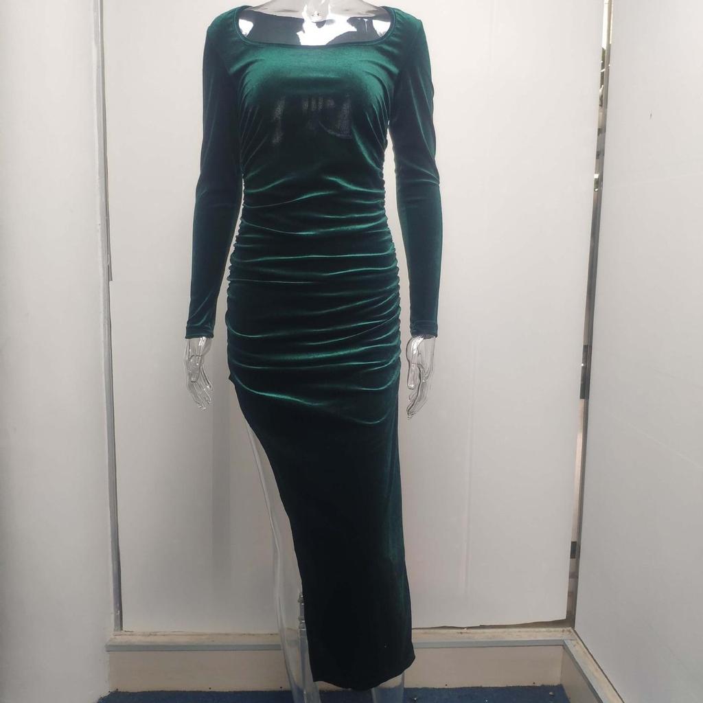 New Women's Elegant Sexy Square Neck Ruched High Waist Bodycon Split Dress Temperament Sexy Square Collar Retractable Small Dress