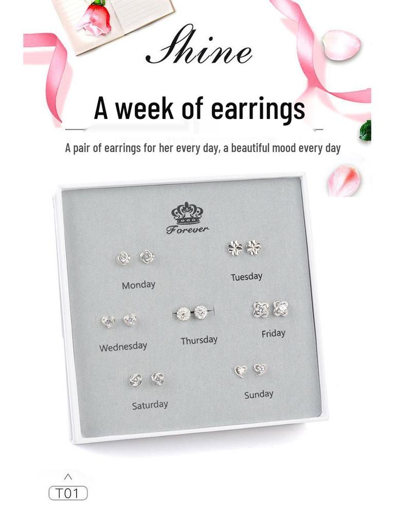 925 Silber Nadel Klee Ohrringe Set - Schlichte Kollektion für die ganze Woche, Perfektes Geburtstags- oder Weihnachtsgeschenk für die Freundin