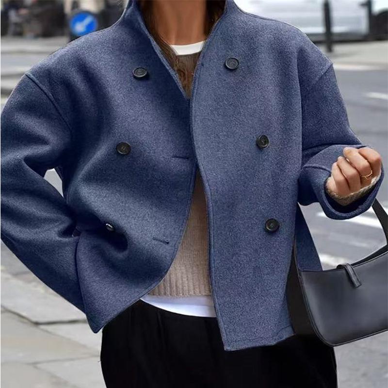 Doppelreihiger Wollmantel für Damen - Einfarbig, Lässiger Britischer Stil, Oberbekleidung für eine vielseitige Garderobe.