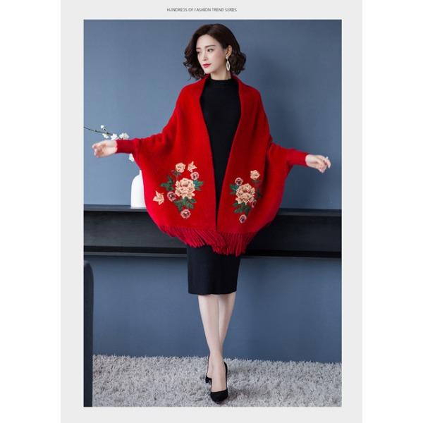 Pelerina din lână de nurcă șal cu franjuri pentru iarnă, cu dublu scop, brodat, pulover cu mâneci lungi, îngroșat, prietenos cu pielea