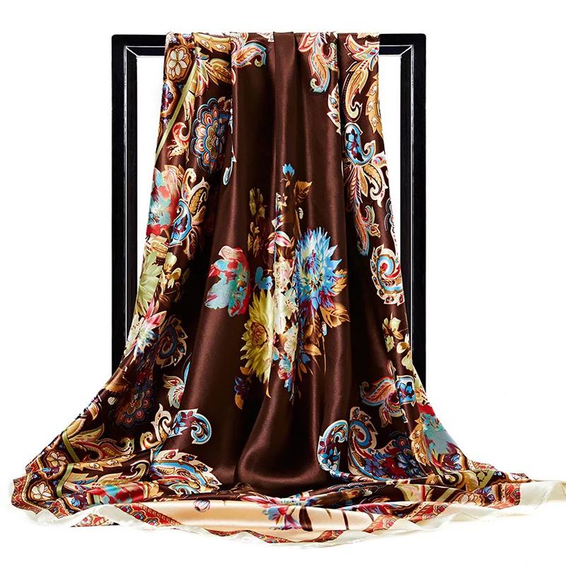 Fashion Scarves For Women Print Silk Satin Head Scarf Female 90cmx90cm Luxury Brand Square Shawl Large Hijab Scarfs For Ladies