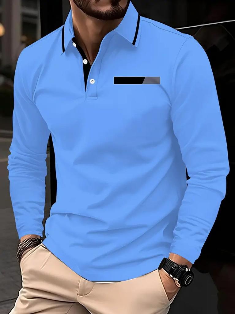Stylish Long Sleeve Polo with Houndstooth Trim, Casual Wear.