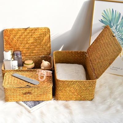 Handmade Seaweed Woven Storage Box, Retro Storage Rack Basket, with Lid Buckle Design, Household Miscellaneous Storage Box