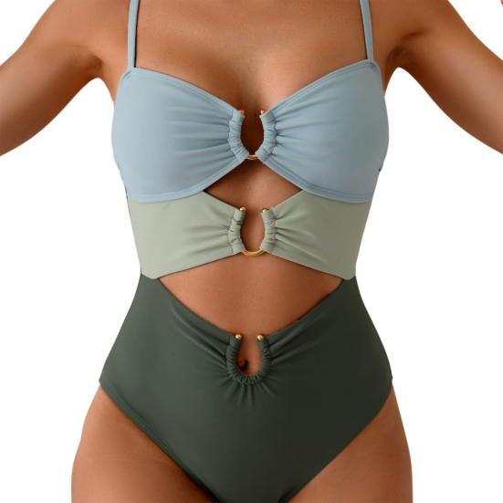 Monokini Soutien-gorge Push-Up à Armatures Ensemble Bikini Une Pièce avec Boucles Métalliques Design Creux Maillot de Bain Sexy à Bretelles Décolleté en V Dos Nu
