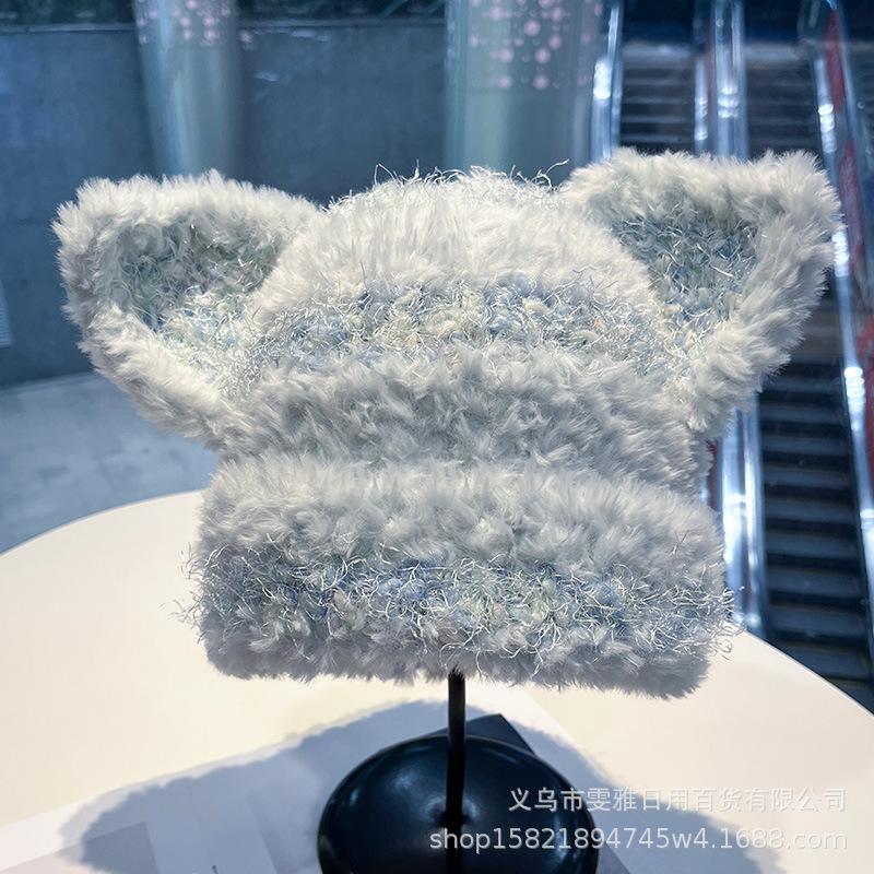 

Women s Colorful Dot Knitted Hat Winter Warm Cat Ears Beanie Cute Plush Ear Protection Pullover Cap Face Slimming Outdoor Windproof Hat one size fits all 54-59cm світло-синій колір