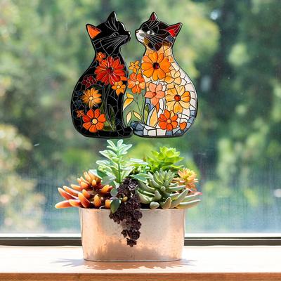 Cartoon Couple Kitten Flower Balcony Glass Window Beautification and Decoration Static Electricity Window Stickers