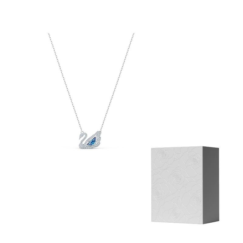 Swarovski Rhodium Plated, Faux Crystal Stone Swan Necklaces Womens Blue F-Camellia Embossed Gift Box