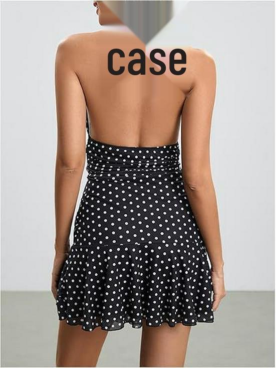 2025 Summer Women's Sleeveless Polka Dot Halter Neck Mini Dress with Open Back