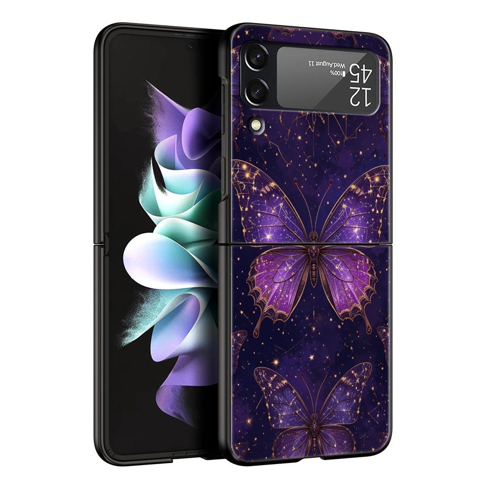 Art Purple Butterfly Hard PC Phone Case For Samsung Galaxy Z Flip 7 6 5 4 Black Cover For Galaxy Z Flip 3 Foldable Shell Fundas