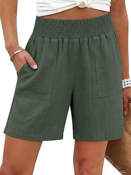 

Women s High-Waisted Cotton-Linen Wide-Leg Casual Shorts with Elastic Waist and Pockets – Summer European & American Style Medium