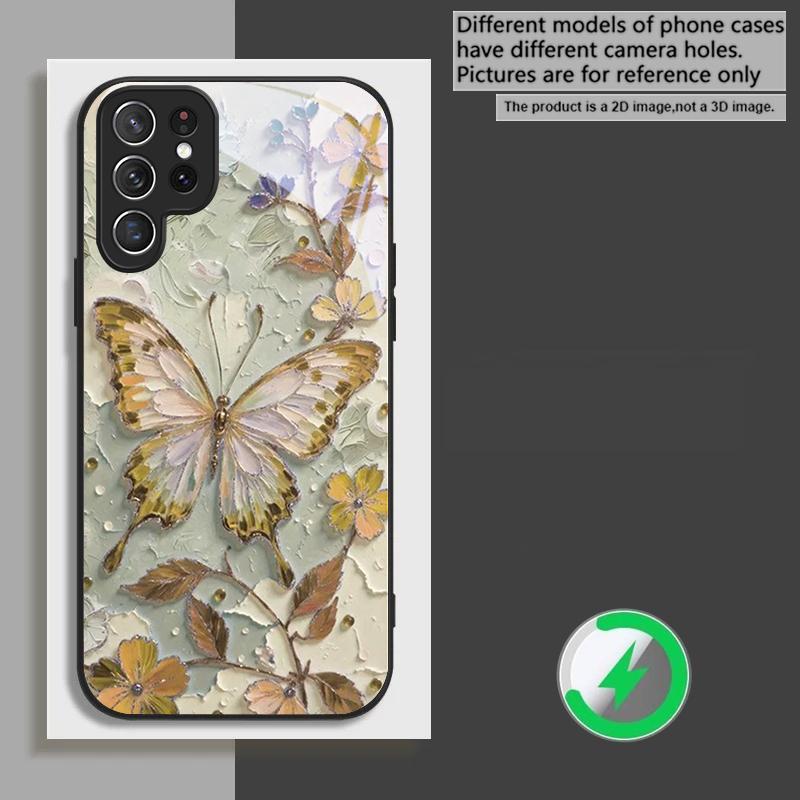 Elegant pink butterfly suitable for Samsung Galaxy S26 Ultra S20 FE S21 S22+ S23 Plus S24 Ultra 25 Edge black Glass Phone Casee