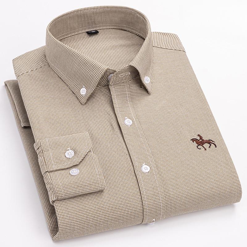 Kariertes Lässiges Baumwoll-Herrenhemd Slim Fit Mit Pferde-Logo Oxford-Stoff Langärmeliges Gestreiftes Hemd Für Herren